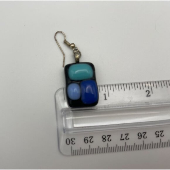 Fused Glass Dangle Earrings Blues Black Rectangles 2" Pierced - Picture 8 of 9
